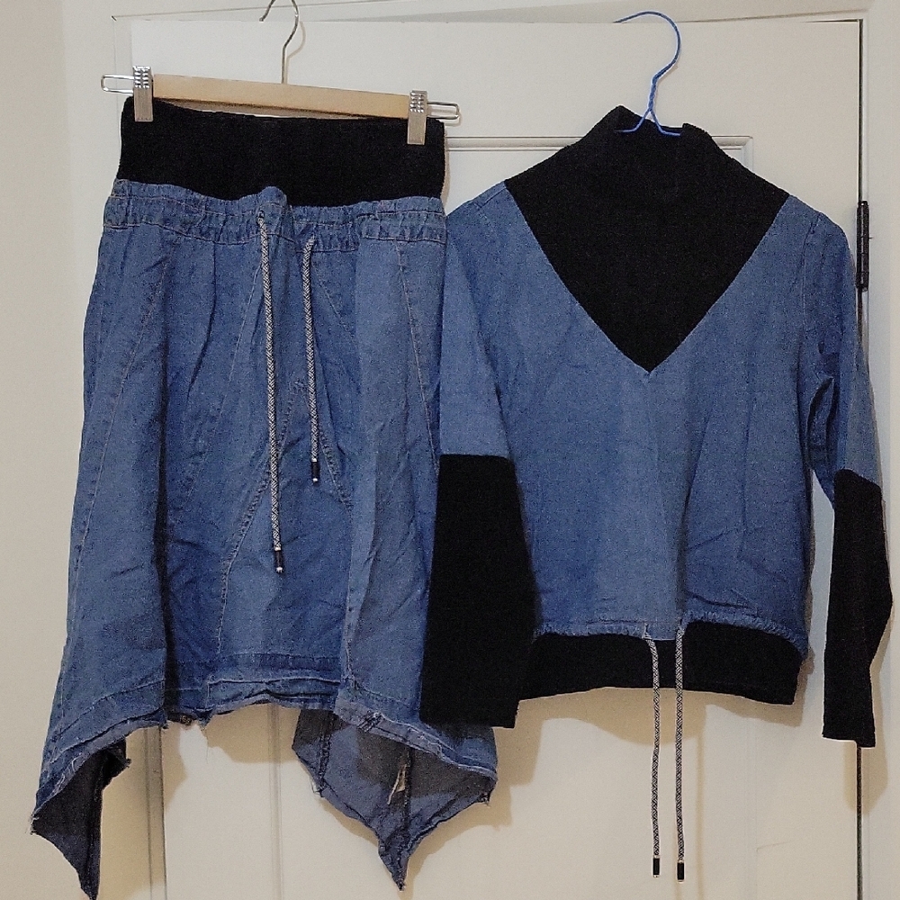 Blue and Black Denim Skirt and Top Set